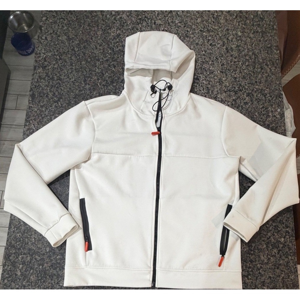 Zara Man White Full Zip Hoodie Technical Jacket Orange Accents Mens Large
